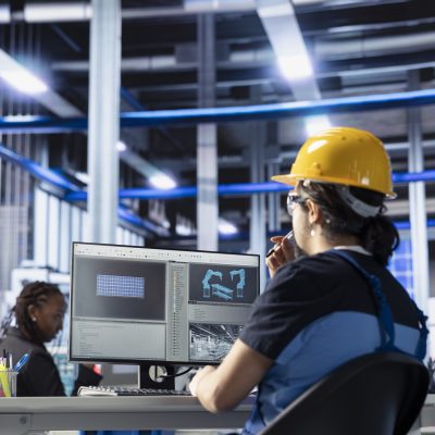 Solar panels plant technical supervisor overseeing real time energy consumption Solar panels plant technical supervisor overseeing real time energy consumption using computer. Photovoltaics factory worker ensuring optimal use of resources in solar panel manufacturing